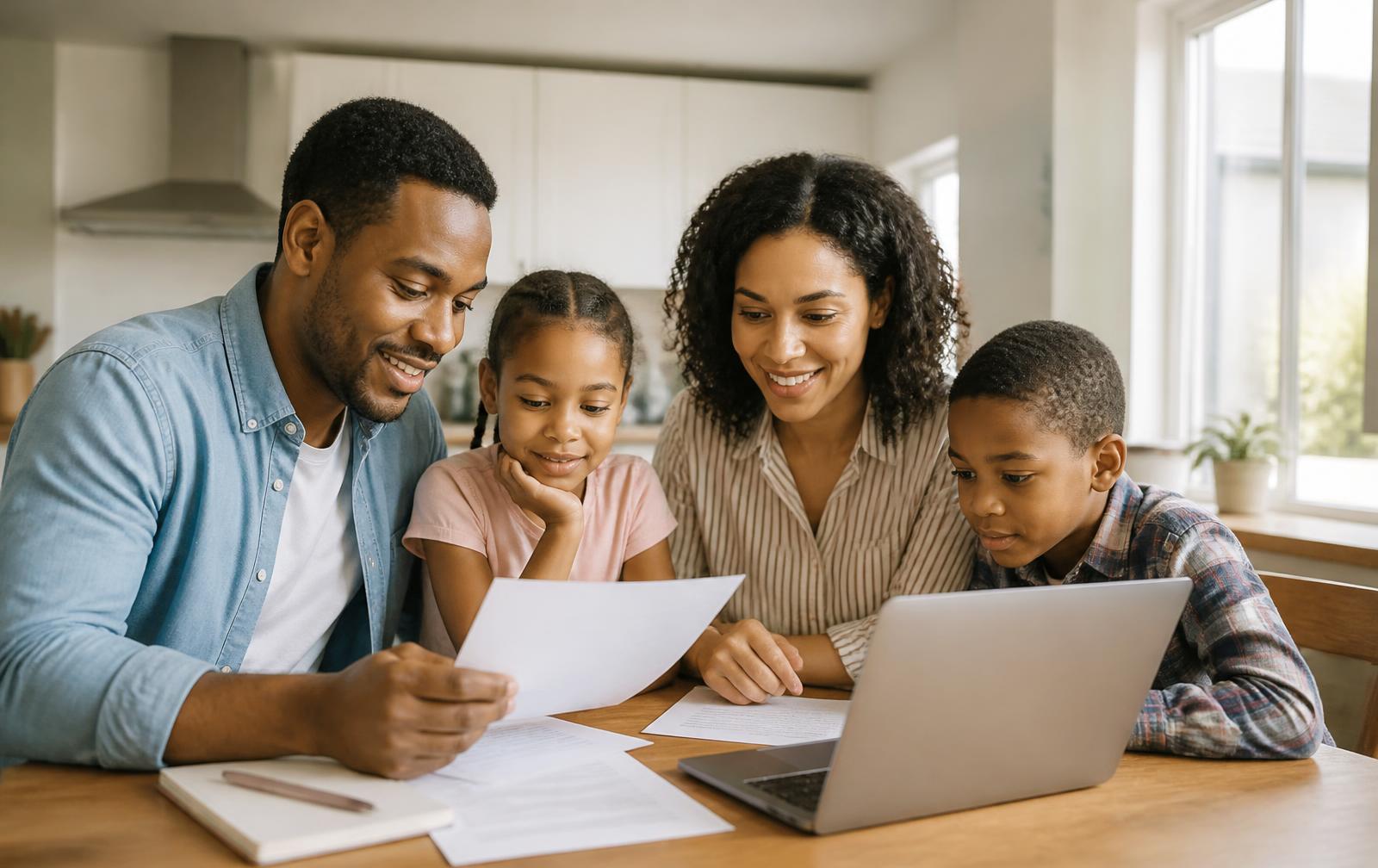 Family at home reviewing loan paperwork on a laptop before checking eligibility